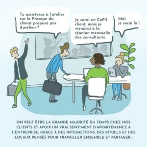 On peut être la grande majorité du temps chez nos clients et avoir un vrai sentiment d'appartenance à l'entreprise, grâce à des interactions, des rituels et des locaux pensés pour travailler ensemble et partager !